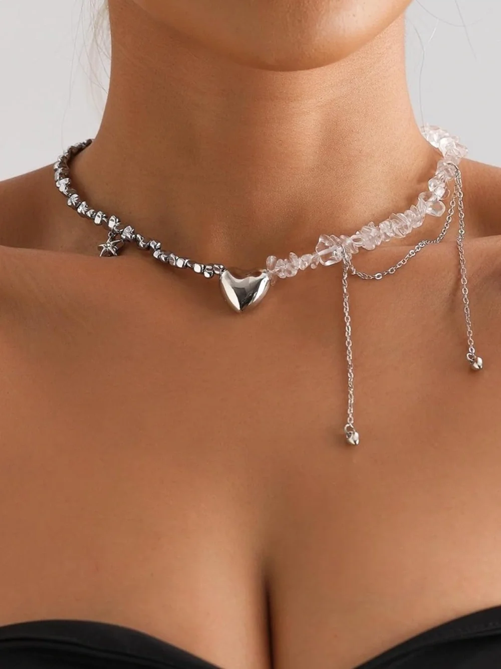 Anthropologie Silver Heart & Clear Bead Layered Necklace